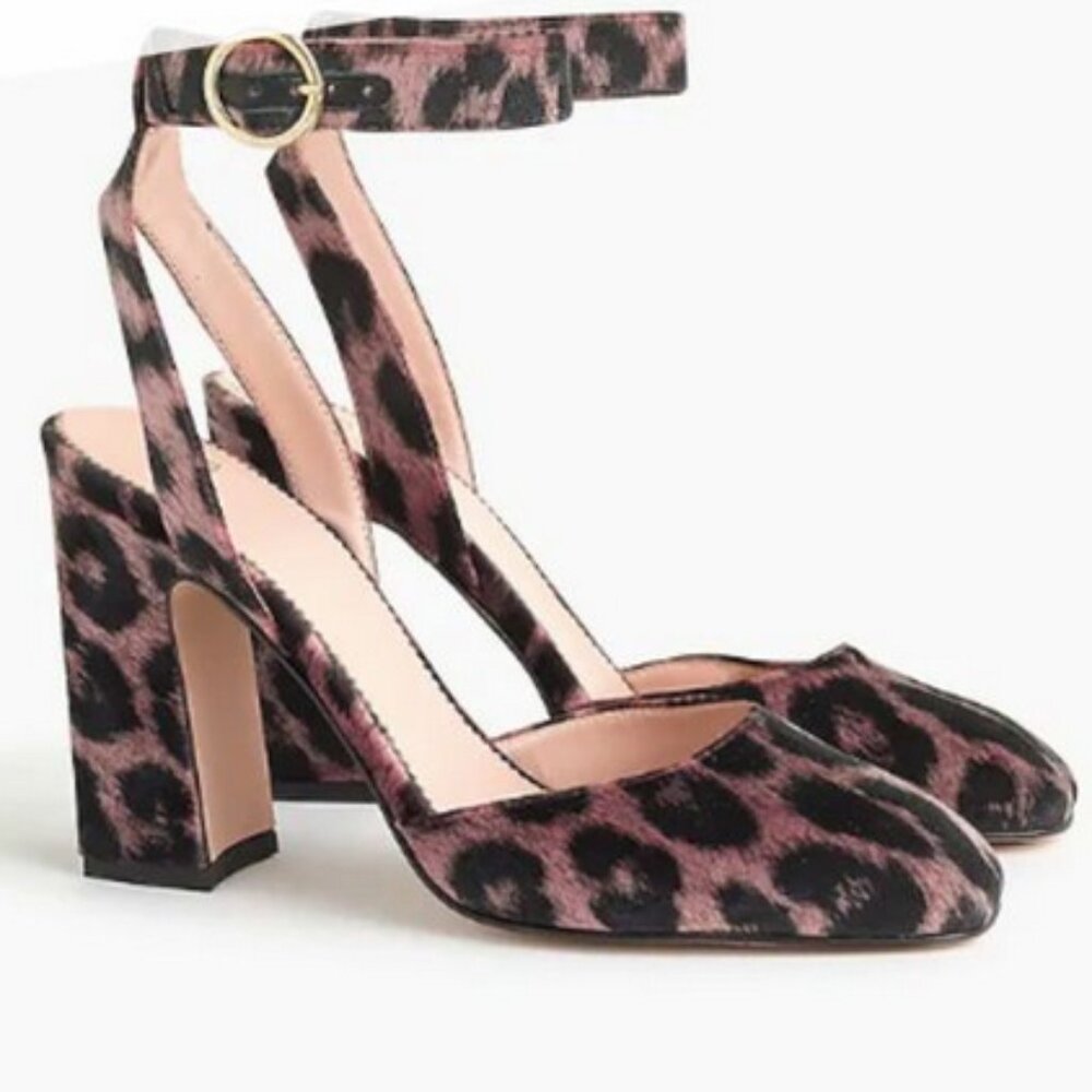 J. Crew Harlow ankle strap pumps velvet leopard
